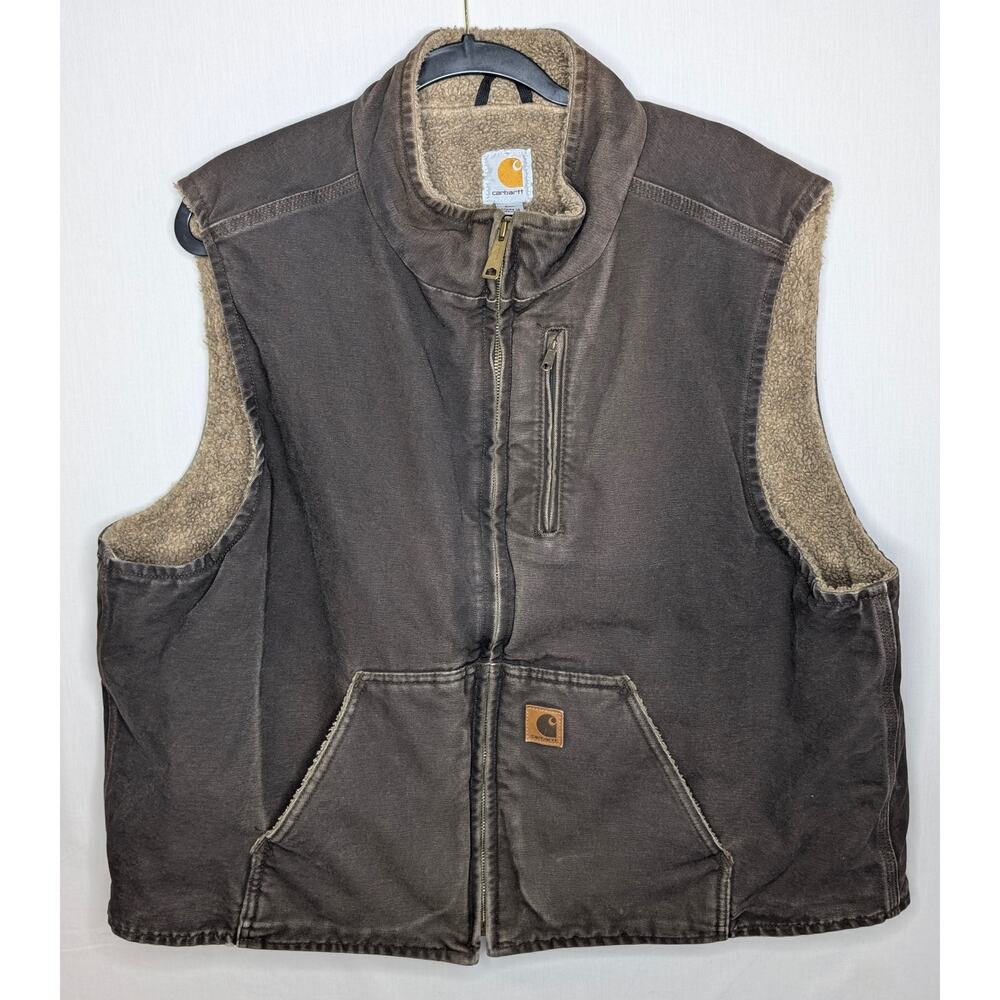 Carhartt V33 DKB Dark Brown Sandstone Canvas Sherpa Lined Work Vest Mens 2XL